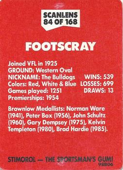1989 Scanlens VFL #84 Footscray Emblem Back